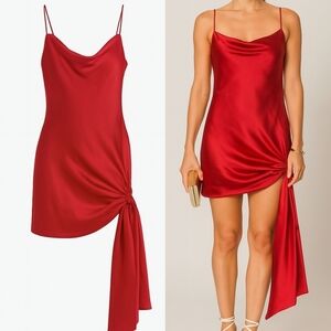Cinq à Sept Ryder Asymmetrical Tie Mini Cocktail Glam Silk Slip Dress Red Small